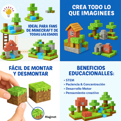 Bloques Magnéticos Tipo Minecraft – 100 Piezas y 5 Personajes- Diversión y Aprendizaje STEM